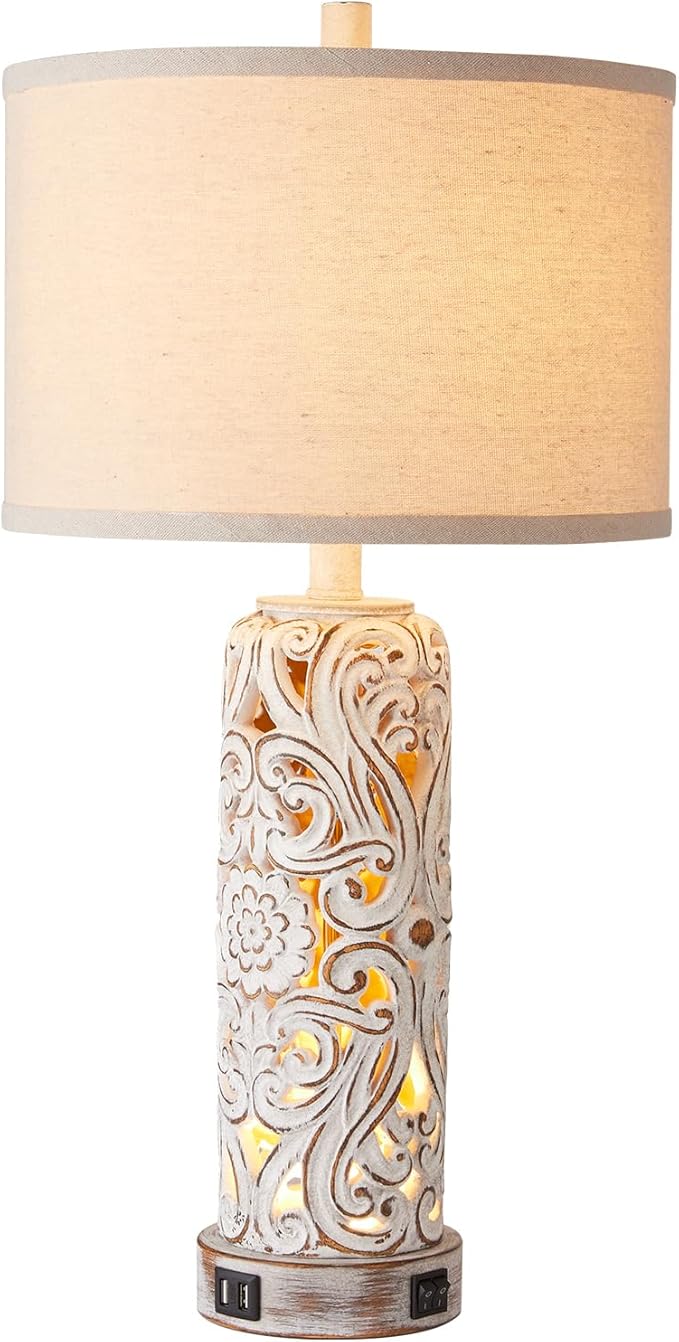 RORIANO Rustic Farmhouse Table Lamps for Living Room Bedroom, Vintage Bedside Lamp with Dual USB Port, Antique White Resin Retro Nightstand Lamps with Night Light, Bulbs Include