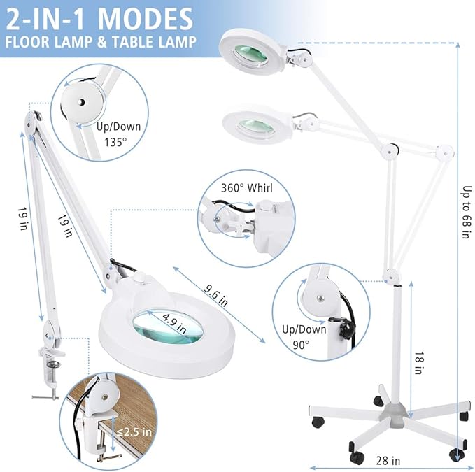 Magnifying Floor Lamp with 5 Wheels Rolling Base for Estheticians - 1,500 Lumens LED Dimmable Light with Magnifying Glass, 8-diopter Lighted Magnifier for Reading, Crafts, Sewing, Close Work(5X)
