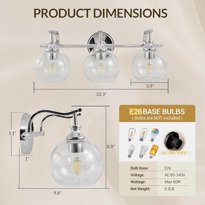 ANDY STAR Chrome Vanity Light, 3-Light Polished Silver Bathroom Light Fixture Over Mirror, Modern Wall Sconce with Clear Glass Shade, Industrial Wall Lighting for Living Room, Bedroom, Hallway, 22.3"