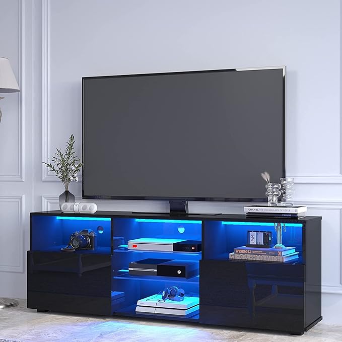 St.Mandyu LED TV Stand for 50/55/60 inch TV, Modern Television Table Center Media Console with Drawer and Led Lights, High Glossy Entertainment Center for Living Game Room Bedroom, Black¡