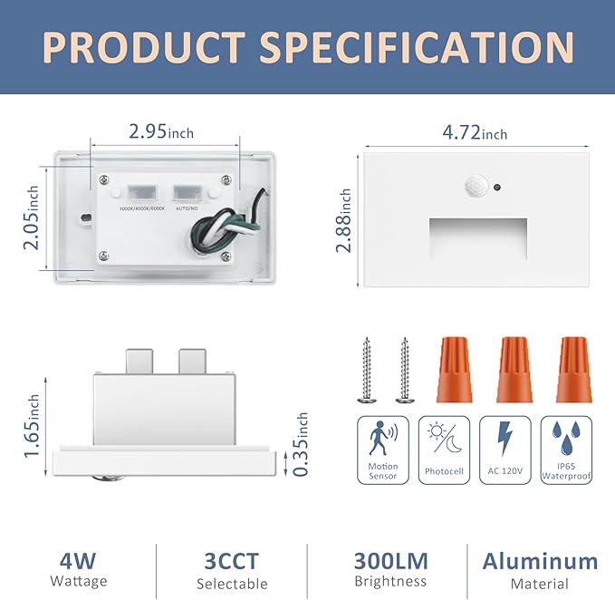 12 Pack Motion Sensor LED Step Lights, 3CCT Adjustable 3000K/4000K/6000K Stair Lights, 4W 300LM Dimmable Staircase Lighting, IP65 Waterproof for Indoor Outdoor, 120V Hardwired, ETL, White