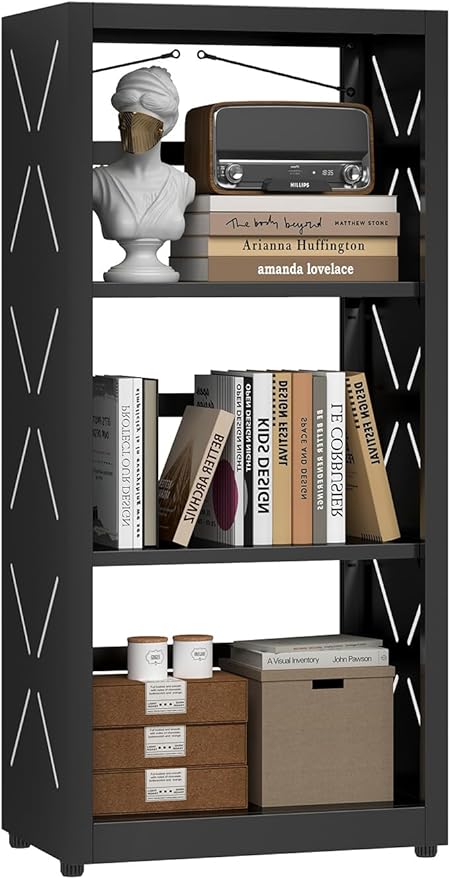 Steel Book Shelf, 3-Tier Adjustable Bookcase with Anti-Tip Kit & Leveling Feet, Heavy-Duty Metal Storage Organizer, Modern Corner Shelves for Bedroom, Garage, Home Office