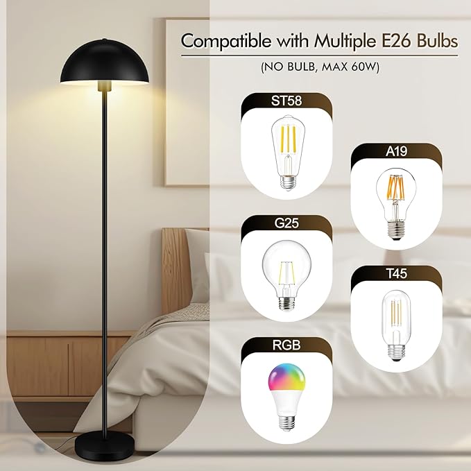 Floor Lamp, Industrial Black Floor Lamps for Living Room, 65.6in Standing Lamp, Retro Mushroom Dome Shade, Whole Metal, E26 Socket, Mid Century Modern Floor Lamp for Bedroom/Office,No Bulb