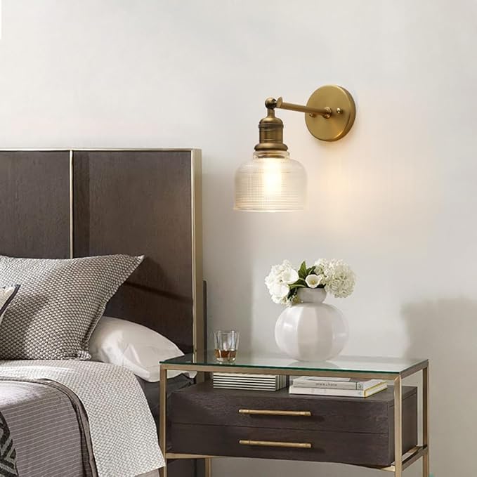 Yosoan Brass Gold Boho Vintage Wall Sconce with Striped Bowl Shade, 1-Light Modern Vanity Industrial Wall Mounted Hardwired Texture Glass Shade for Living Room Bedroom Fireplace Hallway(Antique)