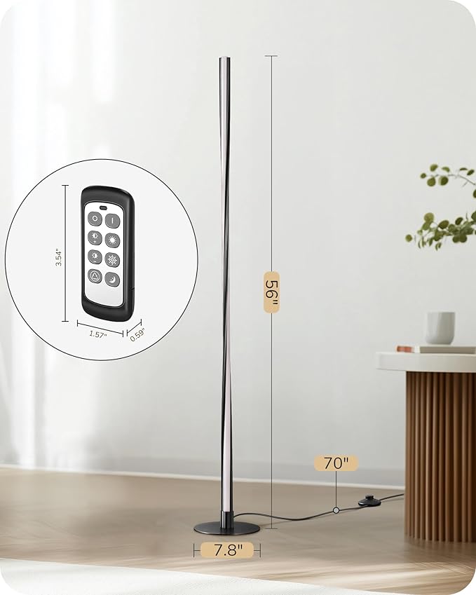 EDISHINE Helix LED Floor Lamp, 56" Tall Corner Lamps 2700K-6000K Dimmable, Remote Control & Foot Switch, Modern Minimalist Pole Lights for Bedroom, Living Room, Office, Black