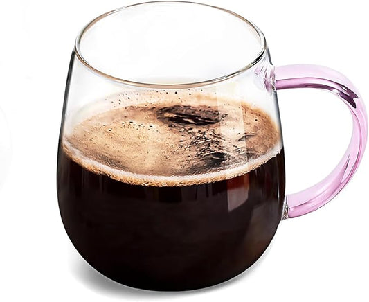 Clear Glass Mug with Handle, Pink Handle/16oz, borosilicate glass mug for large glass coffee mugs with handles, beverage mugs with handles or as a gift!…