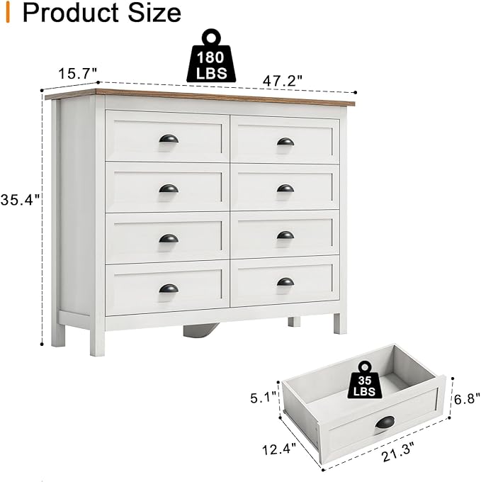 Wananlanen® Farmhouse Dresser for Bedroom, Antique Double Dresser & Chest of Drawer with Vintage Handle and Storage, Wooden Tall Rustic Organizer for Bedroom (Antique White, 8 Drawer)