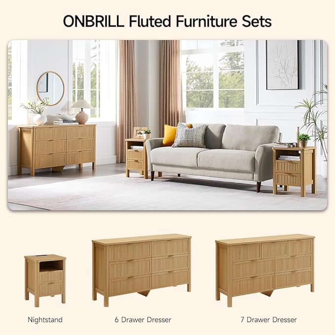 Fluted 6 Drawers Dresser for Bedroom, 55 Inch Wide Modern Wood Chest of Drawers, Mid Century Chests Drawer Clothing Organizer for Hallway (Natural Oak)