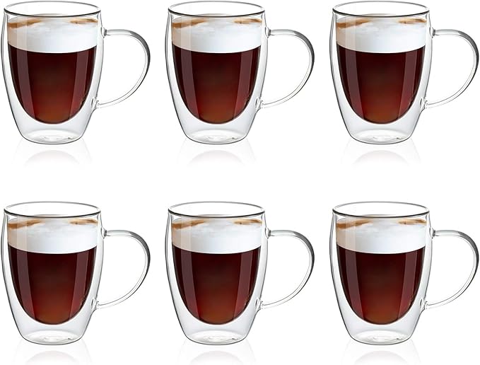 MEWAY 12oz/6 pack Coffee Mugs,Clear Glass Double Wall Cup with handle for Coffee, Tea, Latte, Cappuccino (12 oz，6)