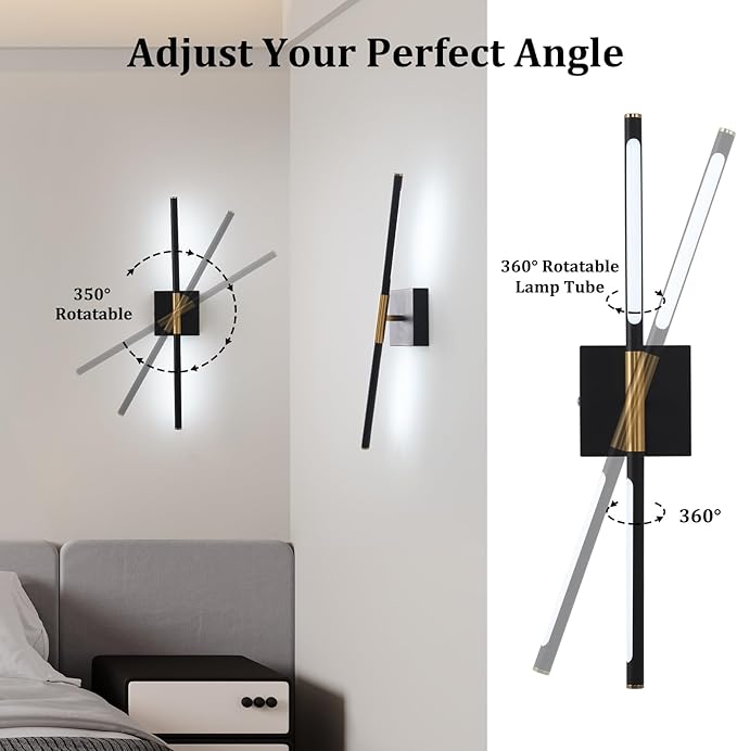 Battery Operated Wall Sconce Set of 2, 8000mAh Wireless Wall Sconces, 3000K-6000K Dimmable, 350°Rotate, Indoor Wall Lights with Remote for Bedroom Living Room Bathroom, Black Gold, 23.6 Inch