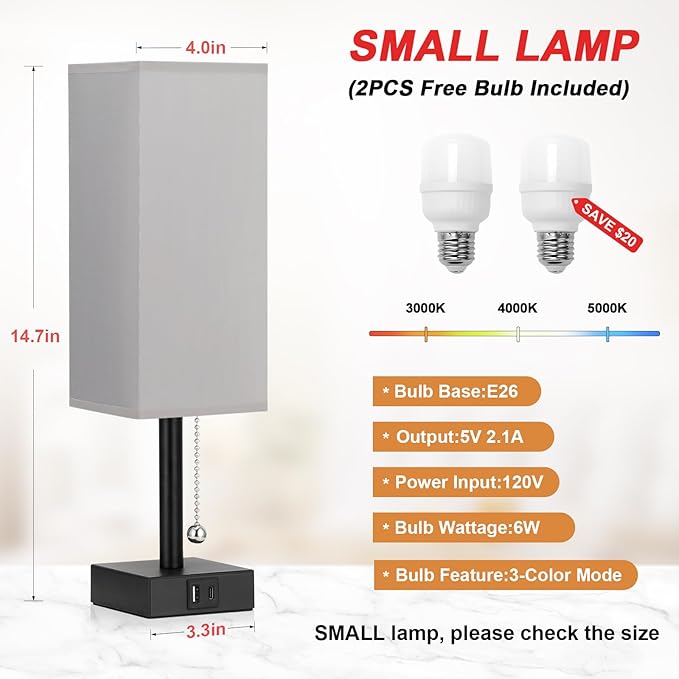 Bedside Table Lamps Set of 2 - Grey Bedroom Lamps with 3 Color Temperatures (3000K/5000K/4000K), Two Square Nightstand Lamps with USB C + A Charging Ports, Pull Chain Small Night Light for End Table