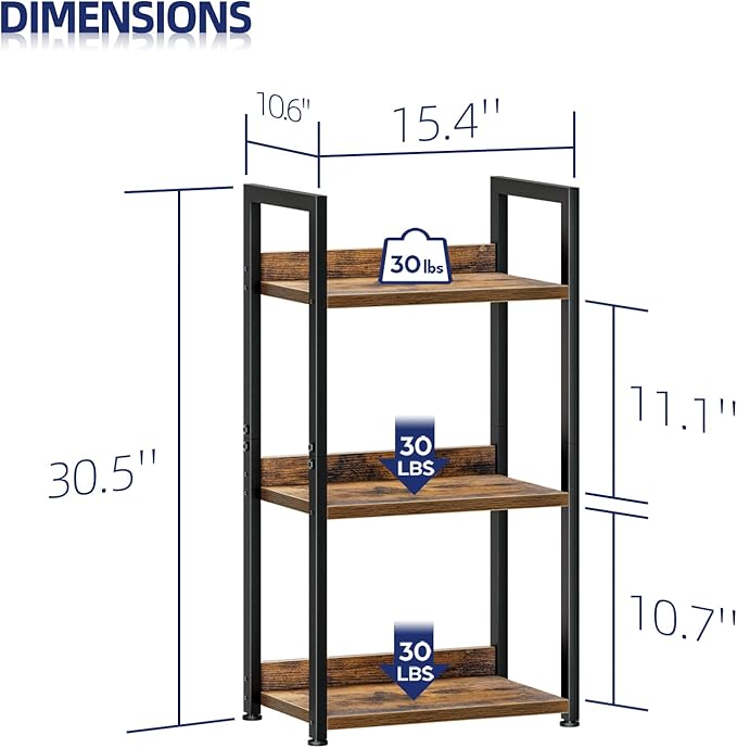 NUMENN Narrow Bookshelf, 3 Tier Bookshelves, Home Office Bookcase Shelf Storage Organizer, Free Standing Storage Shelving Unit for Bedroom, Living Room and Home Office, Vintage