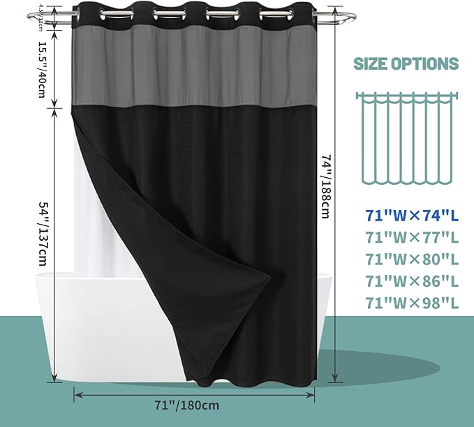 Black No Hook Waffle Weave Shower Curtain with snap-in Liner Replacement, 230GSM Waterproof Fabric Hotel Shower Curtain Set for Bathroom, Through Mesh Top Window,71Wx74H