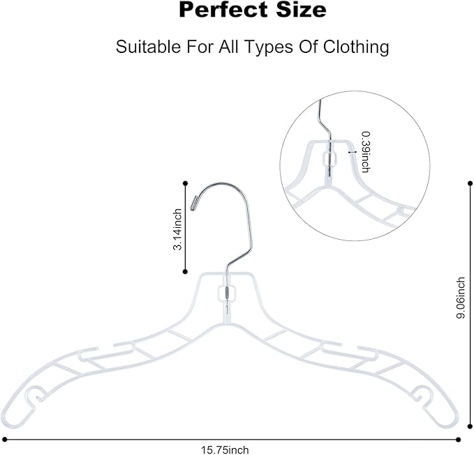 VWV 12pcs Clear Plastic Hangers: Shirt, Skirt, Sweater, Suit, Jacket Hangers with Non-Slip Grooves, Heavy Duty, Clear Color, Metallic Finish