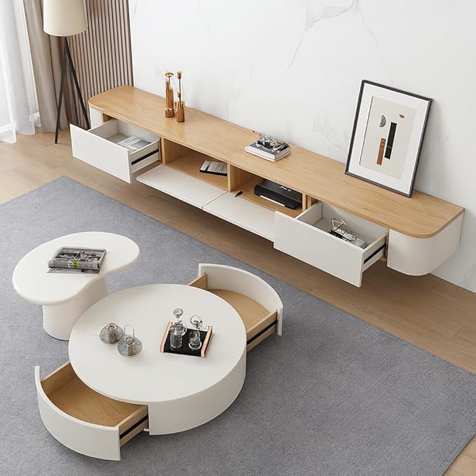 Floating TV Stand,47-118 Inch Wall Mounted TV Shelf,Modern Entertainment Center Media Console with Storage for Bedroom,Living Room (White/Wood, 110.2")