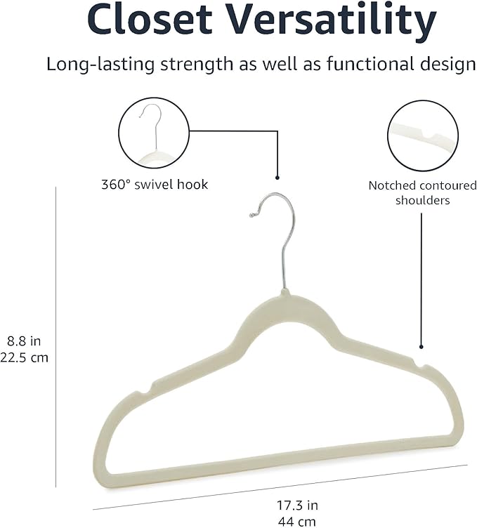 Amazon Basics Slim, Velvet, Non-Slip Suit Clothes Hangers, Ivory/Beige- Pack of 30