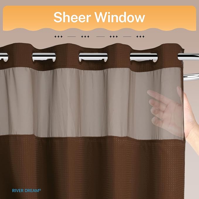 River Dream No Hooks Required Dotted Brown Shower Curtain with Snap in Liner - 71" W x 74" H,Hotel Grade,Spa Like Bath Curtain