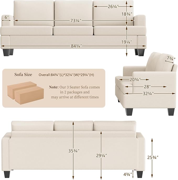 Furnimart 85 inch Deep Seat Sofa, Modern 3 Seater Couch, Beige Linen Sofa, Comfy Cloud Couch for Living Room, Cozy Fluffy Sofas with Removable Sofa Cover, Small Couches for Small Spaces