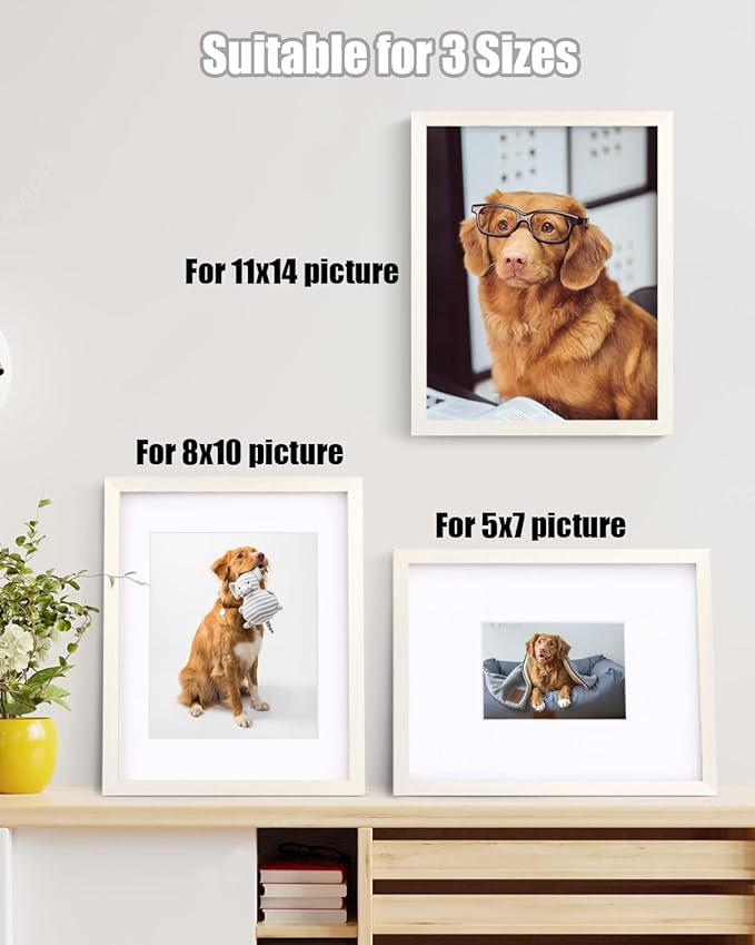 Egofine 11x14 Picture Frame Made of Solid Wood with Plexiglass, Display Pictures 5x7/8x10 with Mat or 11x14 Without Mat for Tabletop and Wall Mounting, Beige