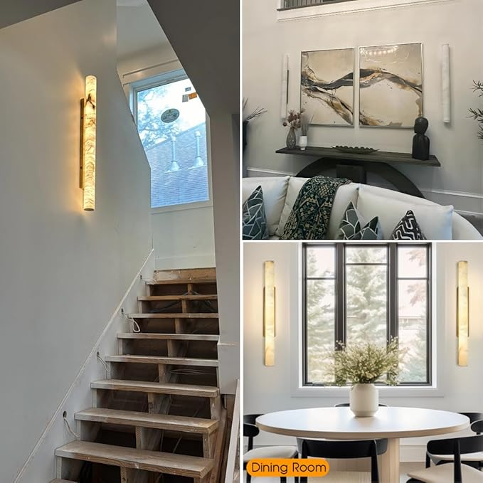 Brass Alabaster Wall Sconces, Spanish Natural Marble Wall Sconce, 36" Long Stone Wall Sconce Dimmable, Gold Alabaster Sconces Wall Lighting Indoor, Marble Wall Light for Bathroom, Living Room,Entryway