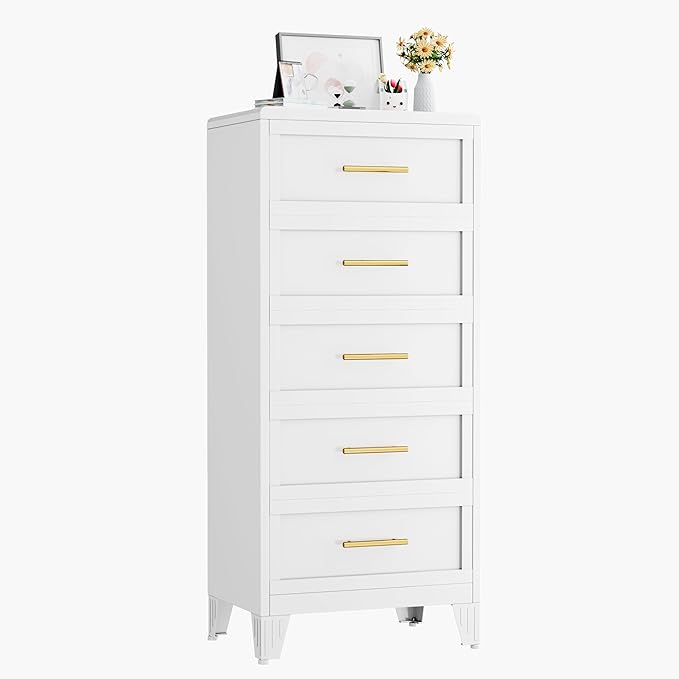 Metal Dresser Tall Narrow Dresser for Bedroom Chest, 53.46" H Drawer Chest, Closet Dressers & Chests of Drawers for Living Room, Hallway (5 Drawers White 24inch Wide)