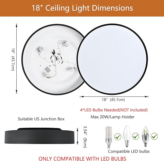 Modern Black Flush Mount Ceiling Light 18 Inch, 4-Lights Round Ceiling Light, Minimalistic Ceiling Lamp Acrylic Shade Lighting Fixture for Bedroom Laundry Room Bathroom Hallway