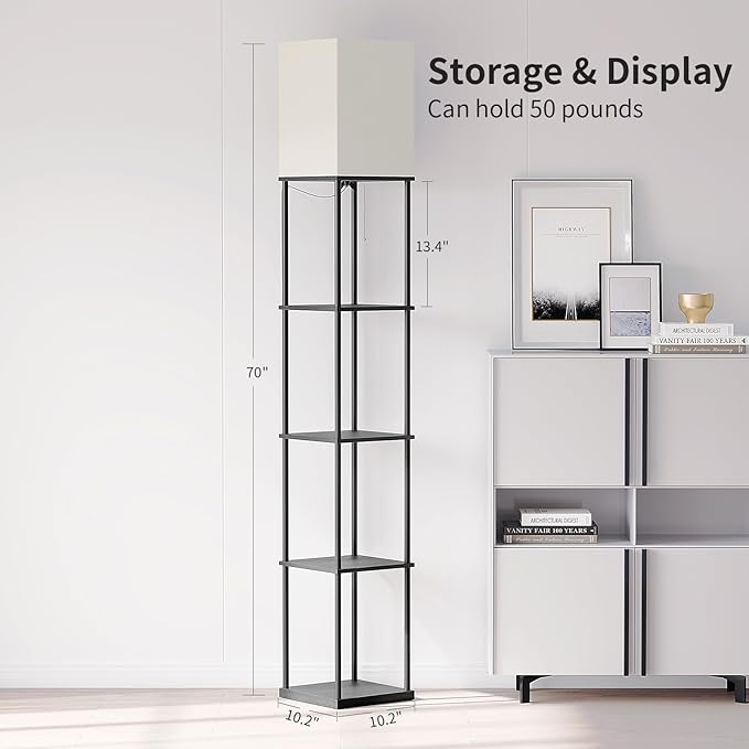 SUNMORY 5 Tier Floor Lamp with Shelves, Modern Square Standing Lamp with 3 Color Temperature Bulb, Corner Display Bookshelf Lamp for Living Room and Bedroom, Tall Shelf Floor Lamp