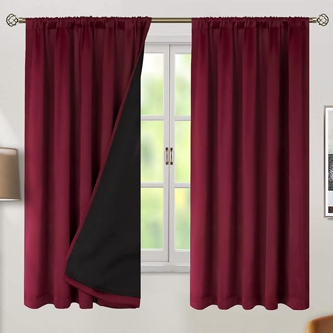 BGment Full Blackout Curtains with Heat Insulation Liner Curtains 63 Inches Long，Rod Pocket and Back Tab Double Layer Room Darkening Window Curtain for Bedroom(52 x 63 Inch, 2 Panels, Burgundy Red)