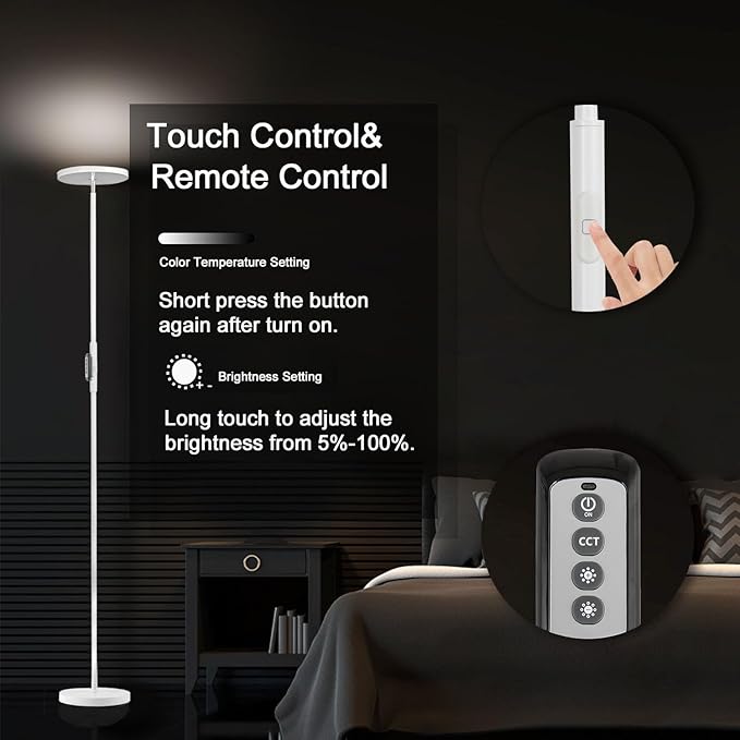 JOOFO Floor Lamp,30W/2400LM Sky LED Modern Torchiere 3 Color Temperatures Super Bright -Tall Standing Pole Light with Remote & Touch Control for Living Room,Bed Room,Office (Pearl White)