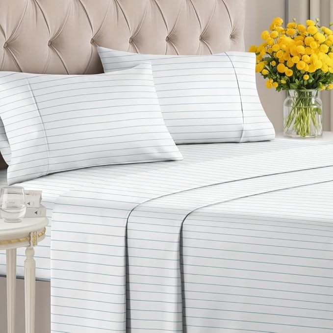Sky Blue and White Striped Sheets - 1 Flat & 1 Fitted Sheet & 2 Pillowcases w/ Deep Pockets - Wrinkle & Fade Resistant - Ultra-Soft, Breathable & Cooling - Pinstripe Patterned Bed Set - Full Size