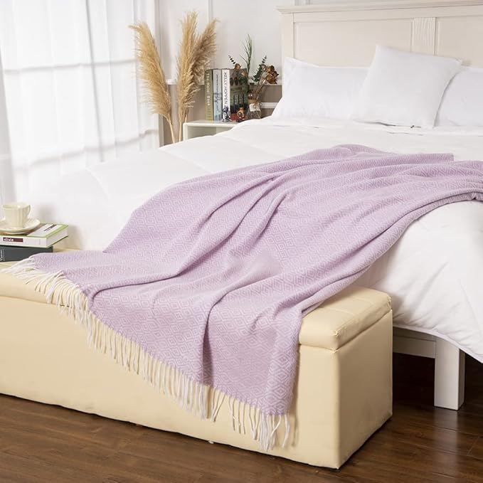 Gealaek Decorative Diamond Lattice Faux Cashmere Throw Blanket Pink Lavender Fringe Lightweight Fuzzy Soft Cozy Throws for Sofa Bed Farmhouse Throw Blanket 50" x 60"