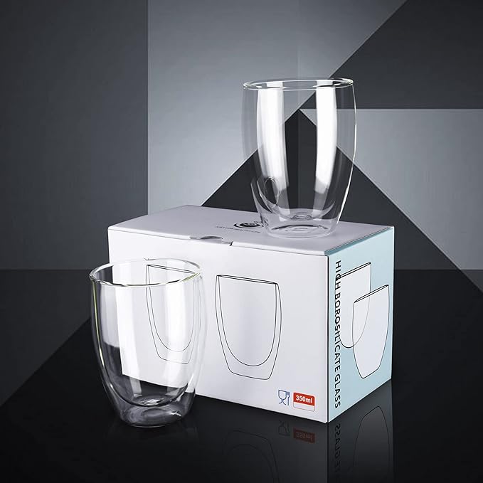 Glass Coffee Mugs Set of 2, Double Walled Clear Coffee Cups 12oz, Clear Latte Espresso Mugs for Milk Juice, Clear Glass Cappuccino Cup Glassware Gift for Christmas Birthday