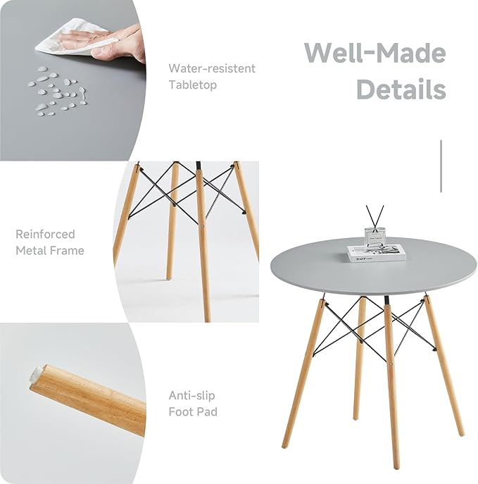 Round Dining Table Set for 4 35.5" Wood Dinner Table Circle Dining Table Kitchen Table Chairs Set of 4 with Wood Strip Base for Kitchen Living Room Space Saving Apartment(Grey)