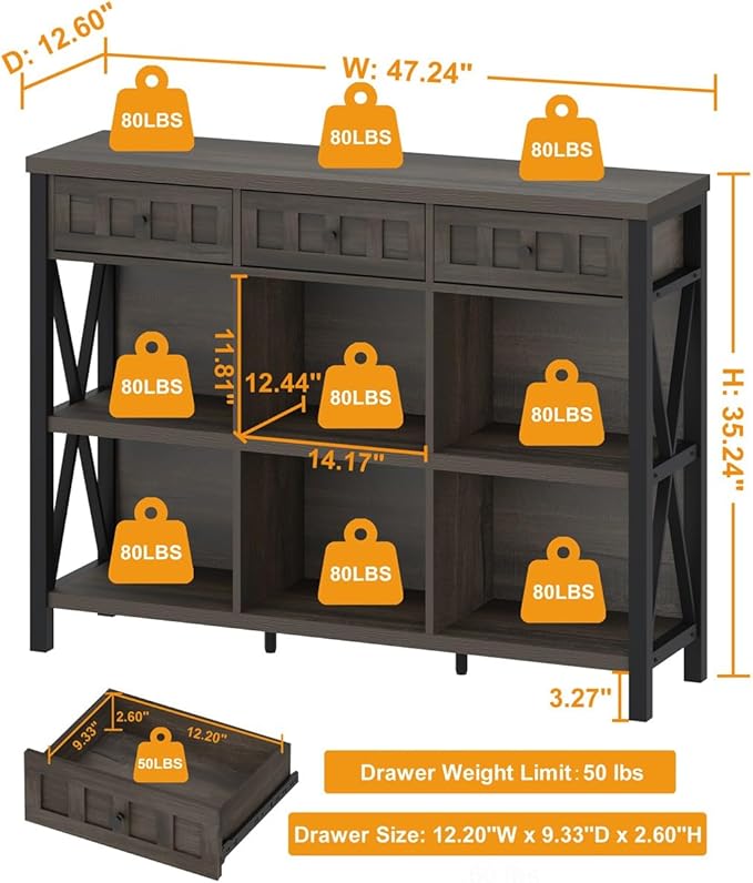 FATORRI Rustic 6 Cube Storage Organizer Bookshelf with 3 Drawers, Short Low Horizontal Bookshelf for Living Room, Industrial Wood and Metal Cubby Bookcase for Home Office (Walnut Brown, 47 Inch)