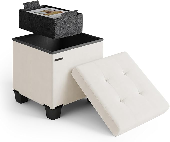 STORAGEBUD Storage Ottoman Cube with Small Bin, 15-in Square Ottoman with Storage for Living Room and Bedroom, Small Ottomans Foot Rest, Velvet Foot Stools Ottomans Max 330lbs, Cream