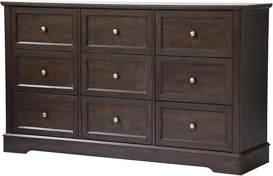 Farmhouse Dresser 9 Drawer, Bedroom Chest of Drawers, Dressers with 9 Drawers, Wooden Dressers for Bedroom, Living Room, Tv Stand, Entryway (Brown-9 Drawers)