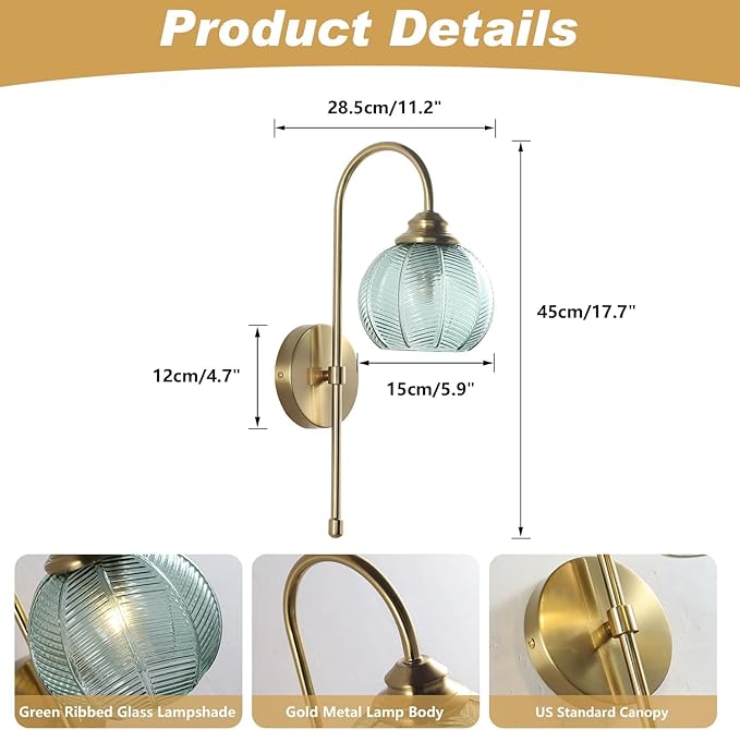 KCO Lighting Vintage Green Glass Wall Light with Brushed Brass Arm - Large Globe Sconce, Gold Finish - Mid Century Modern, Unique Bathroom Wall Lamps