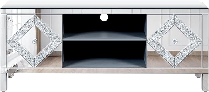 Goujxcy Mirrored TV Stand for 65+ inch TV,Sliver TV Console Table with Open Storage & 2 Storage Cabinets,Diamond Shape Mirror Doors for Living Room (B)