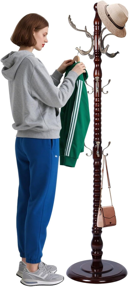 Coat Racks Freestanding, Natural Wood Coat Stands with 14 Hooks, 73" Heavy Duty Adjustable Height Vintage Hall Tree for Entryway, Bedroom, Office, Easy Assembly (Fenghuang Gou)