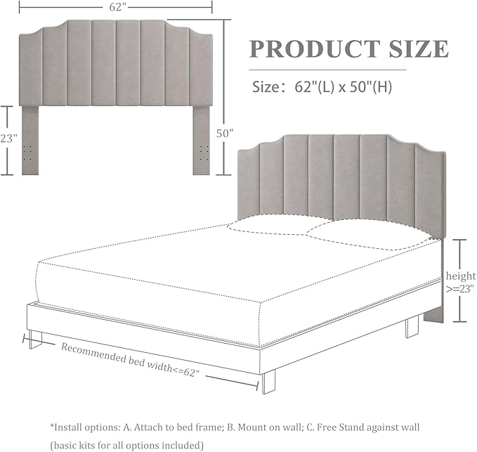 Queen Size Headboard Only, Velvet Wall Mounted Headboard Queen Size for Adjustable Bed, Modern Vertical Channel Design with Curved Tufted Upholstered Head Board and Luxury Soft Padded, Gray