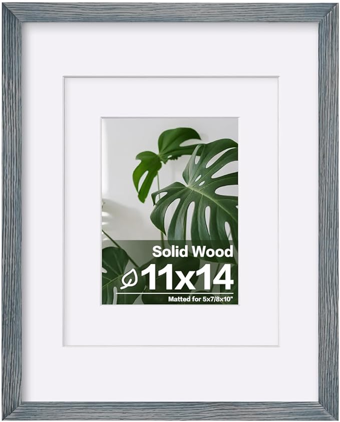 Egofine 11x14 Picture Frame Made of Solid Wood Covered by Plexiglass, Display Pictures 5x7/8x10 with Mat or 11x14 Without Mat for Table Top Display and Wall Mounting Photo Frame, Rustic Blue