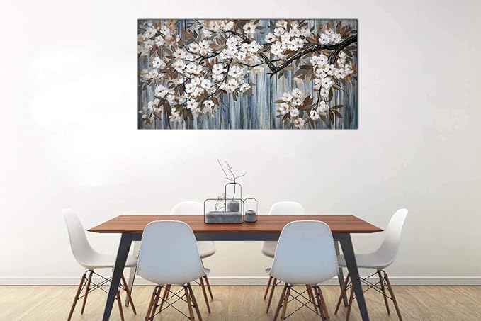 Large Canvas Wall Art for Living Room Wall Decor Abstract White Flower Tree with Gray Driftwood Picture Modern Framed Canvas Prints Artwork Ready to Hang for Bedroom Home Wall Decoration size 24x48