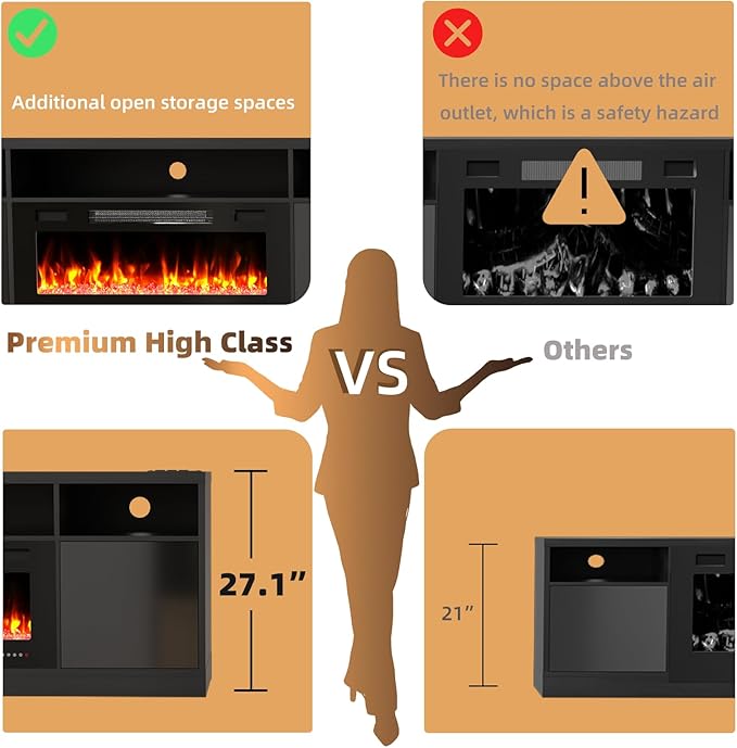 Ludatido 70 Inch Premium TV Stand with 36 inch Electric Fireplace 27 Inch high LED Light Entertainment Center Easy to Assemble for TVs Up to 85'' with USB&AC Power Interface Black