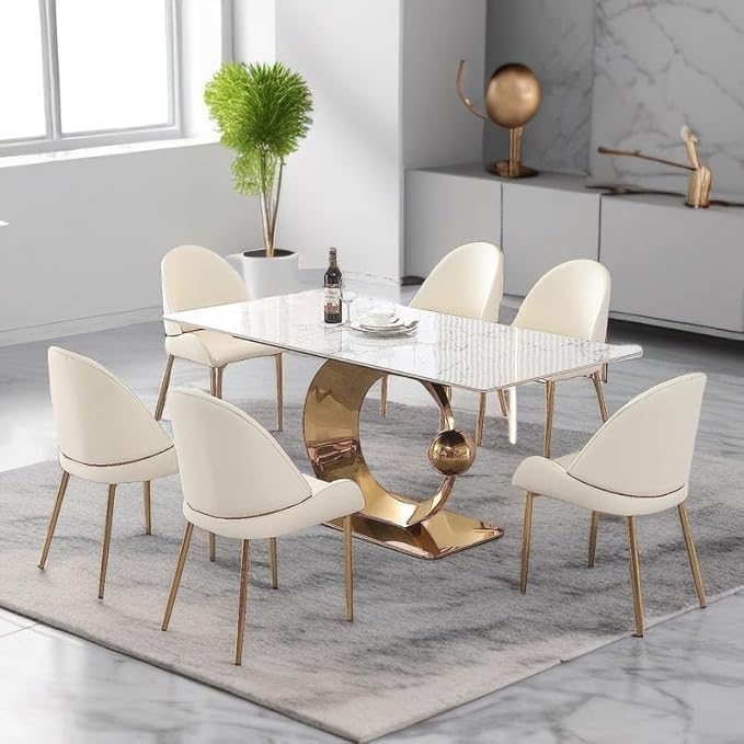 Dining Table, White Sintered Stone Tabletop Dining Room Table, Modern Striped Base Marble Tables for Dining Room Set for 6-8