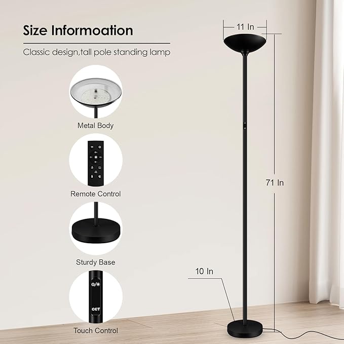 Stepless Dimmable Floor Lamp,30W 3000LM Super Bright LED Torchiere Floor Lamps with Remote & Touch Control,71 in Tall Modern Standing Lamp for Living Room Bedroom Office,2700k-6500k,Black