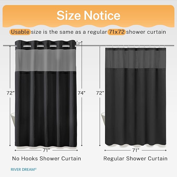 River Dream Black Shower Curain No Hooks Dotted Waffle Weave Shower Curtain with Snap in Liner - 71W x 74H,Hotel Grade,Spa Like Bath Curtain Set