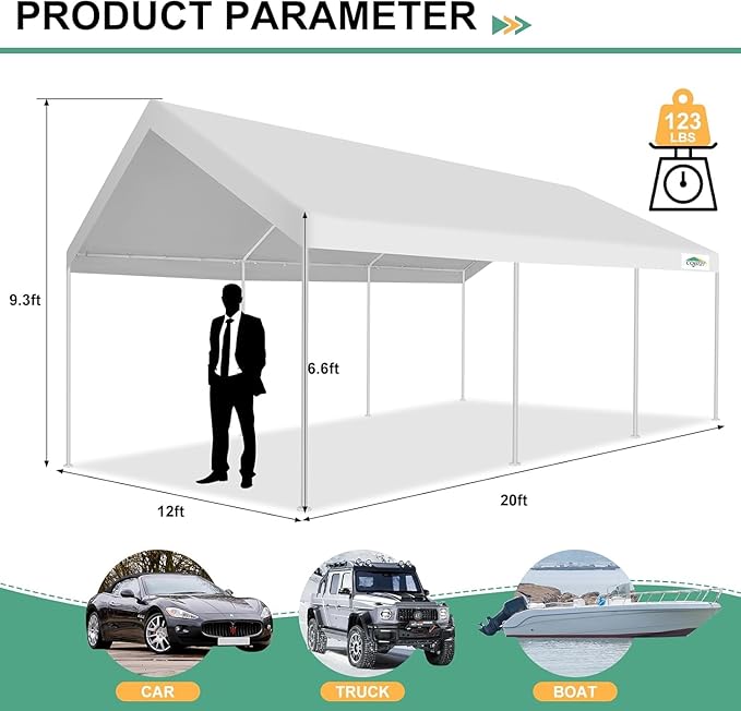 COBIZI Carport 12x20ft Heavy Duty Portable Garage, 2.0 Powder Coated Frame(Better Than Galvanized), Waterproof Shelter with Built-in Sandbags, for Car/Boat/SUV, White