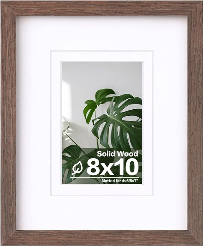 Egofine 8x10 Picture Frame Made of Solid Wood with Plexiglass, Display Pictures 4x6/5x7 with Mat or 8x10 Without Mat for Tabletop and Wall Mounting, Rustic Brown