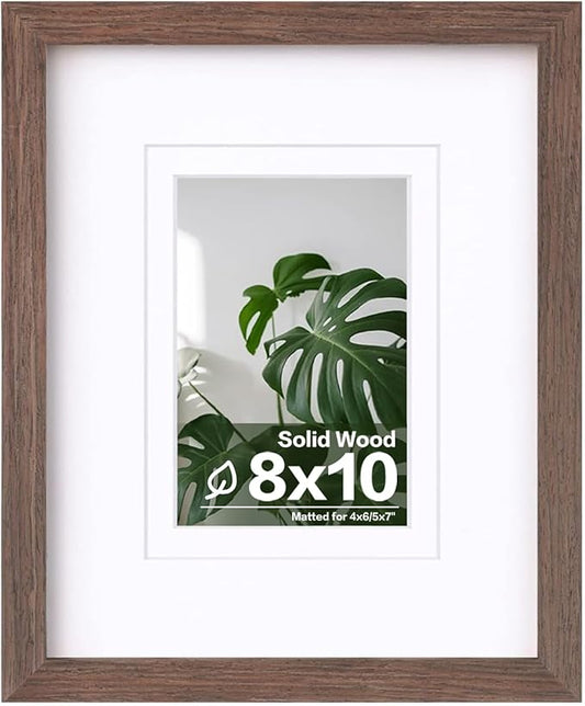 Egofine 8x10 Picture Frame Made of Solid Wood with Plexiglass, Display Pictures 4x6/5x7 with Mat or 8x10 Without Mat for Tabletop and Wall Mounting, Rustic Brown
