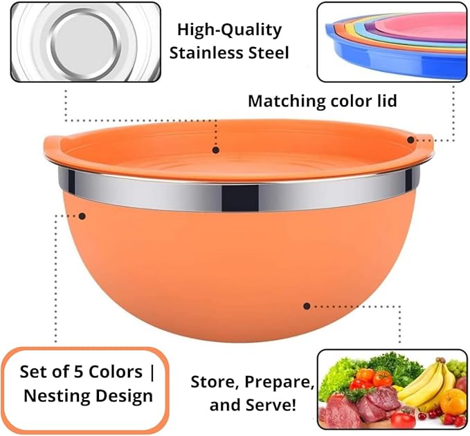 Set of 5 Colorful Stainless Steel Mixing Bowls with Matching Lids – Nesting Design for Space-Saving Storage – Ideal for Cooking, Baking, Meal Prep, Food Storage, and Kitchen Organization